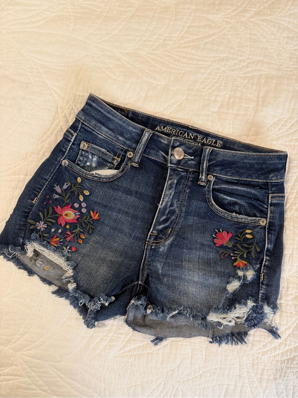 American Eagle Outfitters Dark Blue Denim Shorts with Floral Embroidery